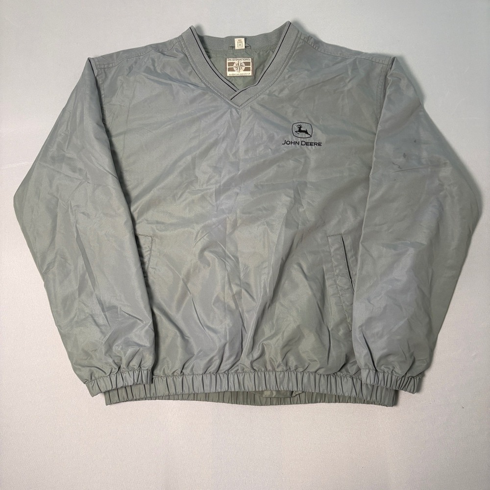 John Deere Men's Gray Pullover V-Neck Windbreaker Jacket Embroidered Logo Sz W